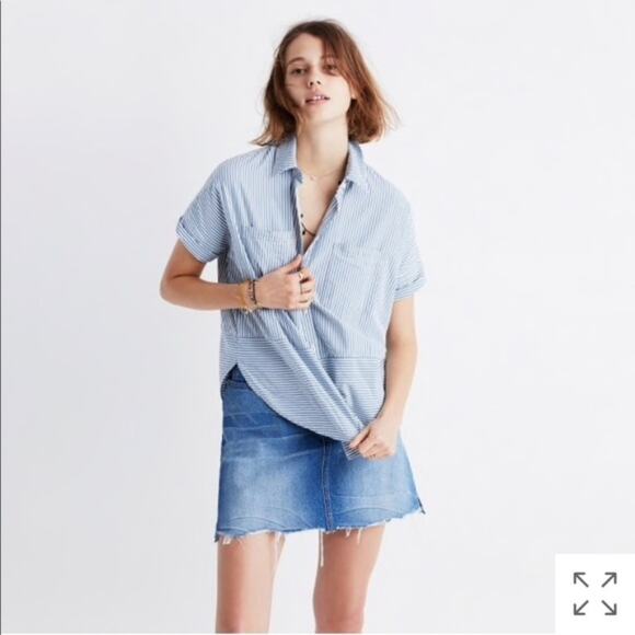 Madewell play courier blue white striped short sleeve button down boxy shirt XXS - Picture 1 of 7